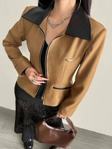 Modelyn Women's Woven Khaki Long Sleeve Fitted Flared Casual Jacket, Suitable For Dating And Outings, Autumn - Khaki - View 1
