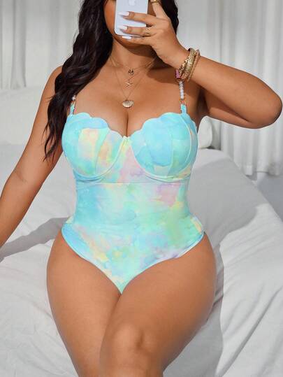SHEIN Swim Curve Traje de baño de una pieza con tirantes cruzados acolchados y cuentas de perlas para mujer de talla grande, multicolor, casual y para vacaciones