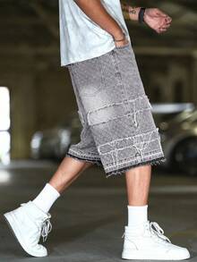 Manfinity Roughcore Quần short denim dáng rộng, đơn giản, phai màu dành cho nam - Màu Xám nhạt - Xem 3