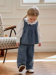Souflis Souflis 法式复古女婴两件套，休闲纹理针织荷叶边领上衣搭配牛仔上衣和阔腿裤，2025秋冬新款女婴牛仔套装，牛仔婴儿服，女婴牛仔套装，两件套幼儿女童连衣裙衬衫和裤子，女婴罩衫套装，蓝色亚麻幼儿女童套装 - 深色水洗藍 - 查看 6