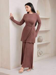 Veilorie 1 件女式不对称扭纹长袖羊毛 T 恤 - 咖啡棕 - 查看 5