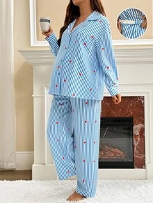 SHEIN 2pcs Maternity Striped Drop Shoulder Long Sleeve Loose Button Front Shirt And Pants Set,Maternity Pjs  ,Pajama Dress ,Loungewear,Nightgown,Sleepwear Set - Blue - View 1