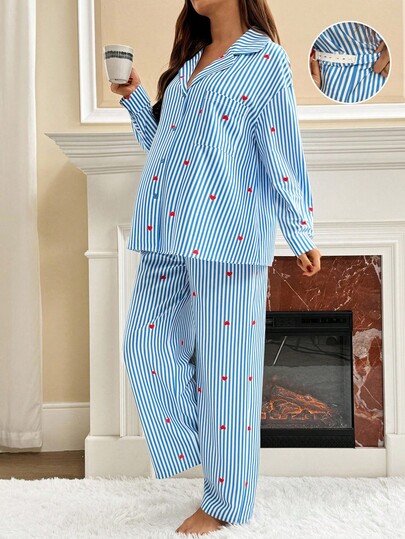 SHEIN 2pcs Maternity Striped Drop Shoulder Long Sleeve Loose Button Front Shirt And Pants Set,Maternity Pjs  ,Pajama Dress ,Loungewear,Nightgown,Sleepwear Set
