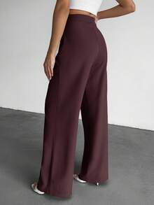 EURMUSE Women's Solid Color High Waist Pleated Wide Leg Loose Casual Pants For Work - Brown - View 2
