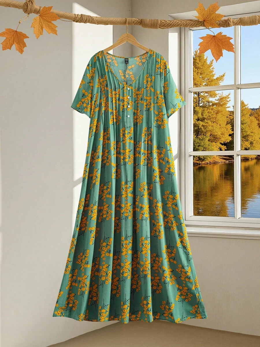 EMERY ROSE Plus Size Ditsy Floral Half Button Dress, Summer,Beach Dress Sundress,Holiday Outfits Boho,Flower/Vacation/Spring - Green - View 1