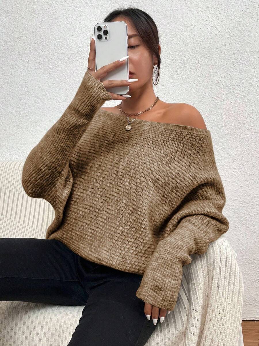 EMERY ROSE Women's Loose Bat Sleeve Pullover Sweater, Casual For Autumn - Khaki - View 1