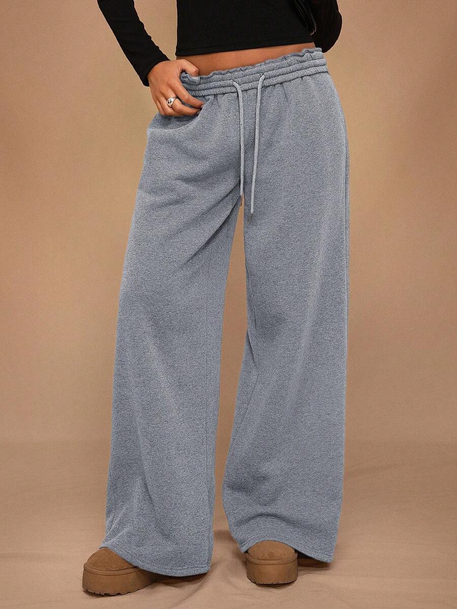 SHEIN Forever 21 秋冬新款休闲保暖内衬宽松松紧腰阔腿运动裤 - 淺灰色 - 查看 1
