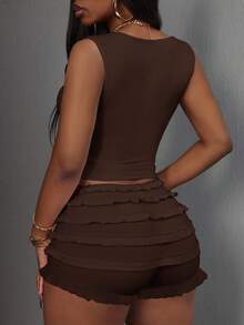 Slaydiva Y2K Cute & Sweet Casual Basic U-Neck Sleeveless Tank Top & Multi-Layer Ruffle Hem Shorts 2-Piece Set - Pink - Brown - View 2