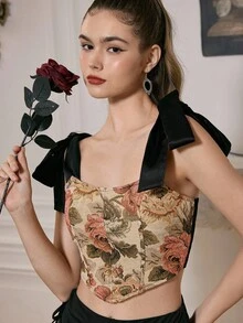 SHEIN MOD Women Floral Jacquard Asymmetric Hem Camisole And Ruffle Hem Mini Skirt 2 Pieces Set, Fashion,Fall Clothes For Women,Corset & Ruffled Shirt Set,