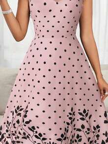 SHEIN Lady 春夏网纱拼接飞袖波点花朵印花度假连衣裙 - 淺粉色 - 查看 7