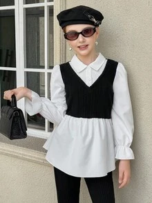 Streelcool Girls Blouse,Black And White Elegant Faux Fur Knit Ribbed Patchwork Shirt,High Waist Ruffle Hem,Puff Lantern Sleeves,School,Back-To-School - Black and White - View 3