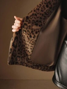 Anewsta Plus Size Women Leopard Print Beaded Padded Short Jacket, Autumn/Winter