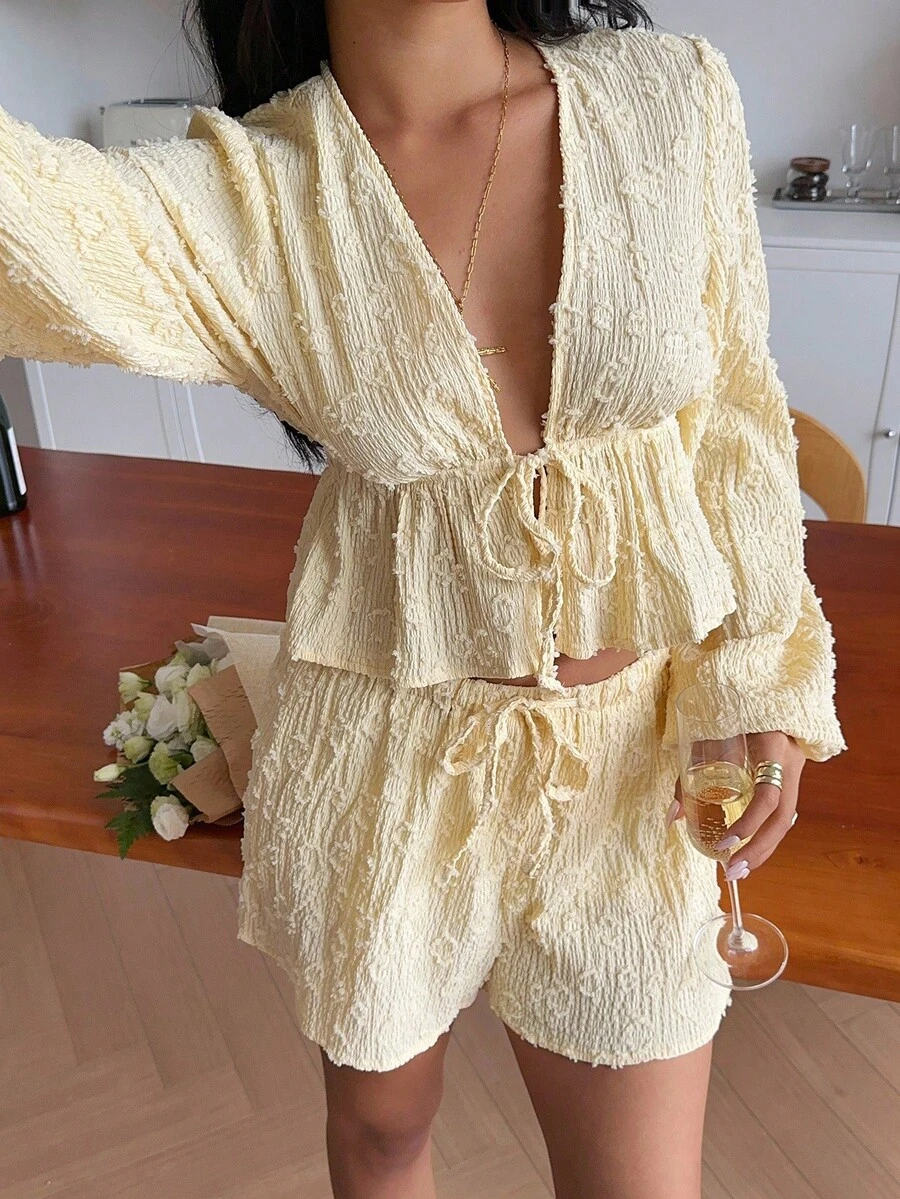 Serisse Women's Lantern Sleeve V-Neck Ruffle Textured Fabric Casual Elegant Top And Shorts 2 Pieces Set Winter - Yellow - View 1