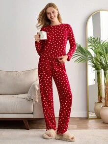 EURMUSE Women 2 Pcs Fuzzy With Striped Heart Pattern Long Sleeve Shirt&Pants Homewear Comfort Set - Red - View 4