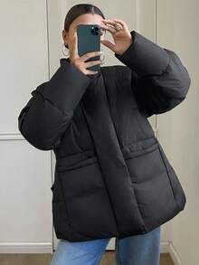 DAZY 女式简约纯色束腰V领保暖棉服外套 - 黑色 - 查看 3