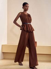 Zivah Summer Chic Dark Brown 2-Piece Set:Sleeveless Pleated A-Line Top & Wide Leg Pants,Brunch,Vacation,Beach,Cruise Travel,Streetwear Boho Outfit For Women - Brown - View 8