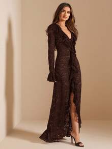 SHEIN BAE 夏日度假早春纯白性感简约优雅长袖荷叶边深V名媛蕾丝简约淑女连衣裙，情人节连衣裙，派对连衣裙，浪漫约会连衣裙，婚礼伴娘服，舞会连衣裙，日常通勤连衣裙，生日连衣裙，节日连衣裙 - 咖啡棕 - 查看 5