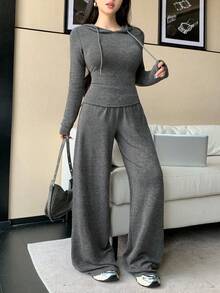 DAZY 女士两件套连帽上衣和宽松长裤套装，运动服套装，家居服套装 - 灰色 - 查看 1