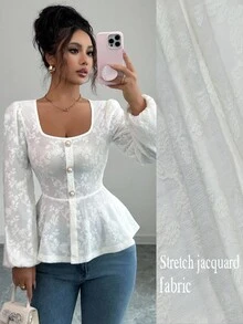 Selianne Elegant French Style Beige Embossed Jacquard Blouse With Romantic Puff Sleeves, Fitted Waist And A-Line Hem, Fashionable And Charming Design For Back To School Season, Spring/Autumn - Apricot - View 1