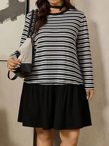 SHEIN LUNE Plus Size Women's Striped Patchwork Solid Hem Mini Dress,Long Sleeves Round Neck A-Line Ruffle Hem Black And White,Autumn,Casual,Everyday Fall Clothes - Black - View 6