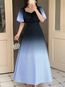 Modelyn 女式黑色和粉色渐变色蝙蝠印花褶饰短袖甜美法式夏装 - 藍色 - 查看 1