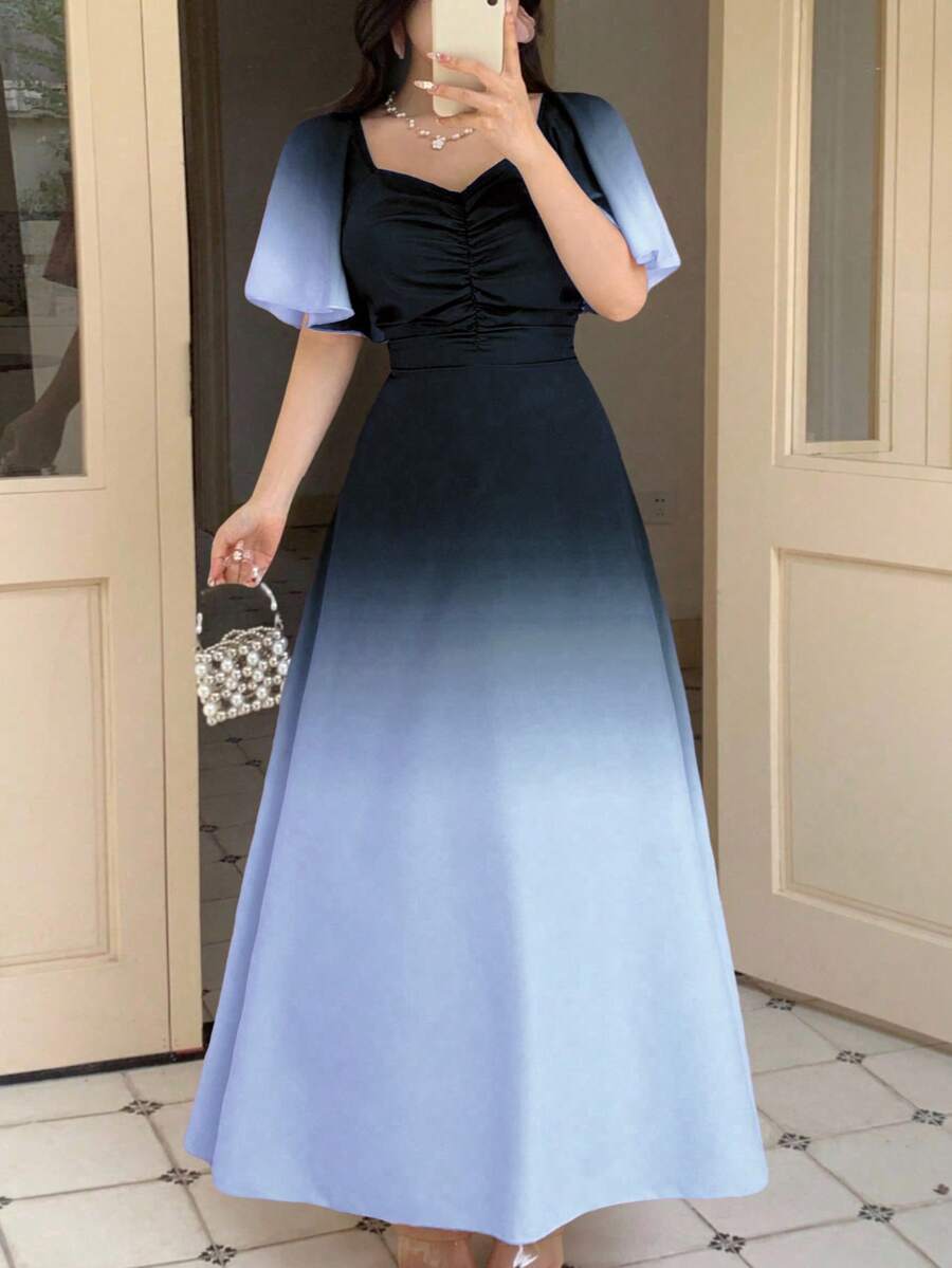 Modelyn 女式黑色和粉色渐变色蝙蝠印花褶饰短袖甜美法式夏装 - 藍色 - 查看 1