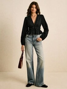 Poéselle Blusa de mujer con cuello en V, unicolor, decoración de lazo, manga larga y bajo con volantes, versátil y de moda - Negro - Ver 2