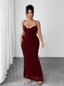 Cravure Halloween Plus Size Women's Vintage Sexy Mesh High Slit Drawstring Dress