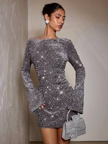 SHEIN BAE 女士银色天鹅绒亮片方领迷你连衣裙，黑色鸡尾酒会礼服，适合派对、正式活动、庆典、节日、万圣节、圣诞节 - 銀色 - 查看 4