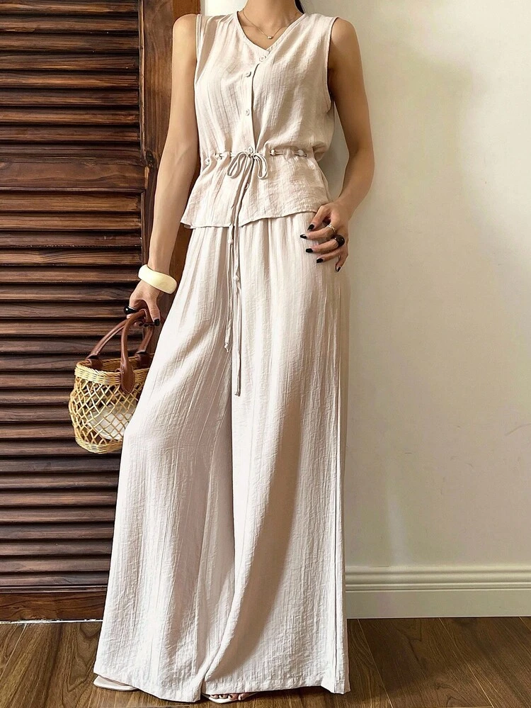 Women's Solid Color Single-Breasted Drawstring Waist Sleeveless Shirt And Wide-Leg Pants Casual 2 Pieces Set
