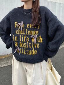 FRIFUL 女士圆领宽松撞色字母格纹蝴蝶结针织毛衣，宽松蓬松质感，秋季款