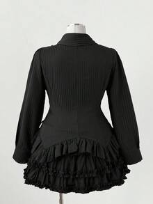 Sunspun Blusa de manga larga con cuello hueco asimétrico y volantes en el bajo, para mujer de talla grande, ropa de otoño - Negro - Ver 2