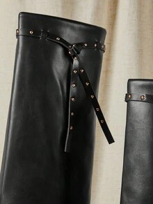 SHUZIA Women's Glamorous Pointy Toe Stiletto Heel Knee High Boots With Rivet Strap Decor - Black - View 6