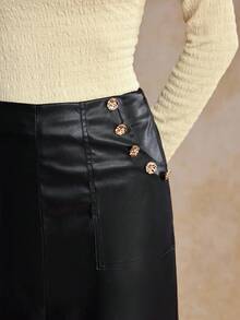 House of One High-Waist Slant Pockets A-Lined Black PU Midi Skirt With Front Slit Women Autumn Elegant Wear