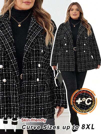 SHEIN CURVE+ Plus Size Fall /Winter Notched Collar Long Sleeve Button Front Plaid Casual Blazer/Tweed Material/Black Blazer Jacket/Winter Women Jacket Party Sequin Holiday/Autumn /Winter