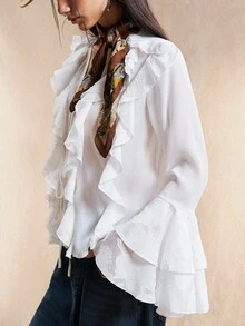 Easelle قميص نسائي كاجوال مريح للخارج بأكمام واسعة مرفرفة وياقة على شكل حرف V بطبقات من الكشكشة بطراز بوهيمي عتيق