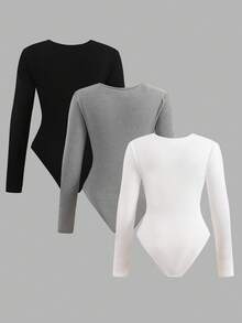 Bộ đồ liền thân 3 món cổ tròn tay dài đơn giản, mặc ở nhà cho bé gái tuổi teen, chất liệu thun co giãn cao, lót nhiệt, màu trơn, đen/trắng/xám, thích hợp cho hoạt động giải trí và thể thao - Nhiều màu - Xem 2