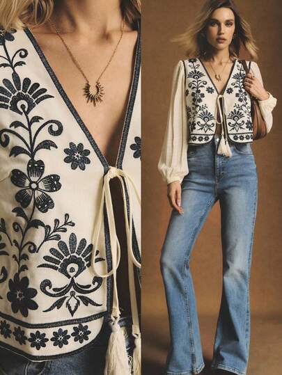 Poéselle 波西米亚风花卉刺绣系带流苏衬衫，奶油色长袖农家衬衫，女式刺绣衬衫，波西米亚风农家上衣，流苏领带衬衫，民间花卉刺绣，田园风上衣，波西米亚节日，中性色调衬衫，女士度假花卉刺绣流苏前系带灯笼袖时尚衬衫，秋季女装，Poeselle