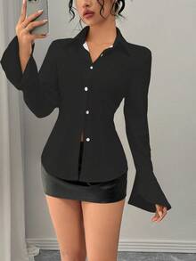 Chiquease 女士休闲优雅日常百搭黑色收腰喇叭袖白色条纹衬衫，秋冬女装 - 黑色 - 查看 4