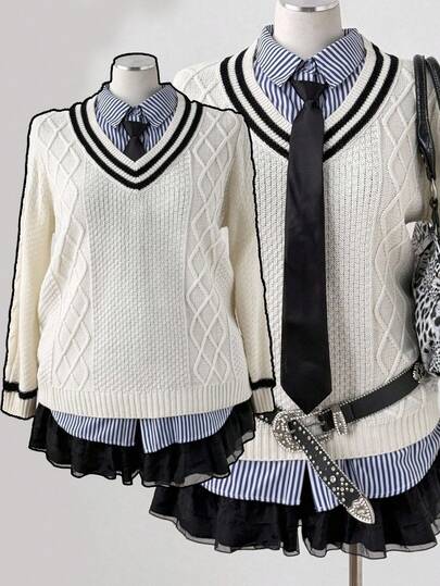 Sunspun 大码女式条纹 V 领扭绳菱形图案针织休闲舒适套头衫，适合秋冬季和返校季节