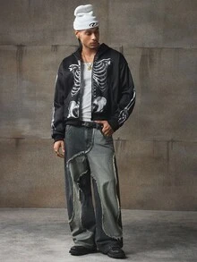 AXEPEAK 男式撞色印花连帽长袖运动衫，秋冬 - 黑色 - 查看 3