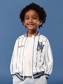 SUMWON 男童棒球校队飞行员夹克条纹纽约标志经典复古运动风格春秋季休闲外套白色海军蓝 - 藍白色 - 查看 4