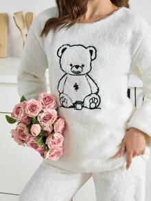 EURMUSE 2件套毛绒熊猫刺绣睡衣套装 - 白色 - 查看 5