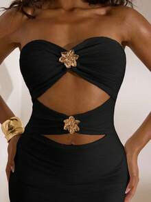 Opulessa Váy đuôi cá khoét hở không dây đan màu trơn dành cho nữ, thích hợp cho kỳ nghỉ xuân/hè - màu đen - Xem 7