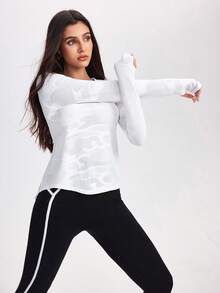 SHEIN Sports Casual Solid Color Jacquard Mesh Patchwork Long Sleeve Sports T-Shirt Mesh Work Out Top Blouse Gym - White - View 4