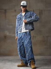 AXEPEAK 男士浅色时尚长袖牛仔夹克，秋季 - 藍色 - 查看 4