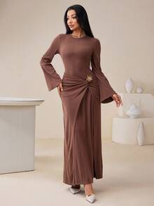 Veilorie Đầm dài thời trang nữ màu trơn khóa kim loại - Cà phê nâu - Xem 5