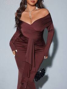 Viva Relle Valentine Plus Size Women's Solid Color Off Shoulder Long Sleeve Ruffle Hem Fitted Pleated Elegant Dress - Chocolate Brown - View 1