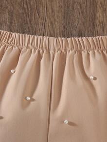 SHEIN Beaded Bowknot Waist Casual Young Girls Pants Fall Winter - Khaki - View 5