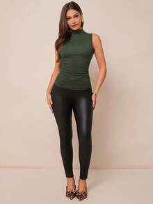 Amorya High-Neck Ruched Sleeveless Top Summer - Green - View 3